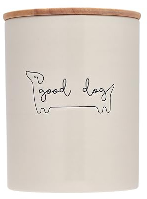 Pearhead Good Dog Treat Jar - Tarro de cerámica y madera para mascotas, decoración de cocina moderna neutral, accesorios para mascotas, tarro de almacenamiento de galletas para perros, sello de