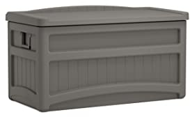 Suncast Outdoor Storage Box - 73 Gallon Stoney Resin Deck Box with Wheels, Handles, and Seat, Heavy-Duty Indoor/Outdoor Storage Bench for Patio Cushions, Shoes, Pool & Garden Gear