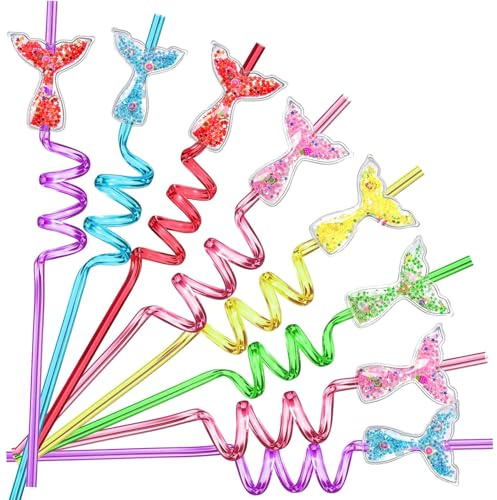 24 Glitter Mermaid Party Favors Mermaid Tail Drinking Straws for Mermaid Birthday Party Supplies with 2 PCS Straws Cleaning Brush