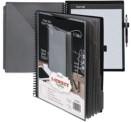 Samsill Spiral Folder Organizer - 5 Dividers & 10 Pockets with Notepad Holder, Multi Pocket Color Cordinated Folder Binder with Customizable Tabs, Document Organizer (Grey)