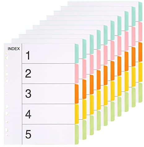 (10 Stück) Ordner Register A4 Ordner Trennblätter 5 Teil-5 Farben Trennblätter für Ordner A4 11 Löcher Gestanzt mit Digitalen Abdeckungen Ordner Register Index-Teiler