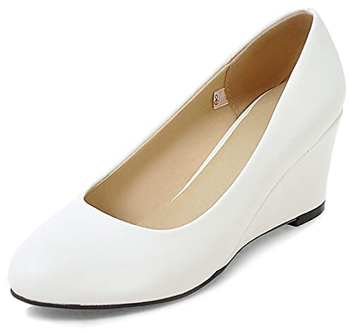 Bviennic Femmes Closed Toe Mariage Compensées Escarpins A Enfiler Comfy Bout Rond Elegant Bride Fête Formal Chaussures Blanc Taille 37 Eu-38Cn