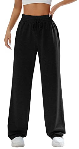 Kiench Pantalon de Jogging Taille Haute pour Ado Fille Jambes Larges avec Cordon de Serrage FR 12-13 Ans, Noir