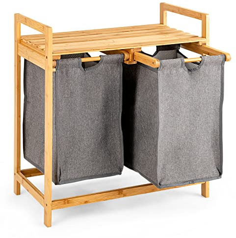 COSTWAY Bamboo Laundry Basket, 2-Section Floor Washing Dirty Clothes Laundry Hamper with Removable Pull-Out Bags & Top Shelf, Bathroom Laundry Bin Sorter Organiser Unit (2 Fabric Bags)