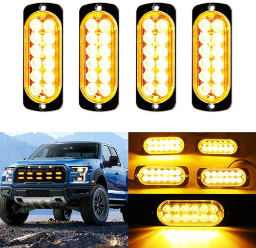 DREAMIZER Luz de Emergencia, 4pcs 12 LED Luz Estroboscópica Intermitente Frontal, 12V/24V Luz de Advertencia para Camión, Camión, ATV UTV Pickup Vehicles, 18 modos de Flash, Ámbar