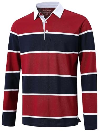 Men's Long Sleeve Polo Shirts for Men Casual Collared Striped Rugby Shirts for Men Soft Pique Cotton Dry Fit Golf Polo Shirts for Mens, XL Navy Burgundy