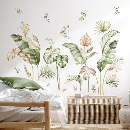decalmile Stickers Muraux Feuilles de Palmier Boho Autocollant Mural Plante Tropicale Feuilles Vertes Décoration Murale Salon Chambre Bureau
