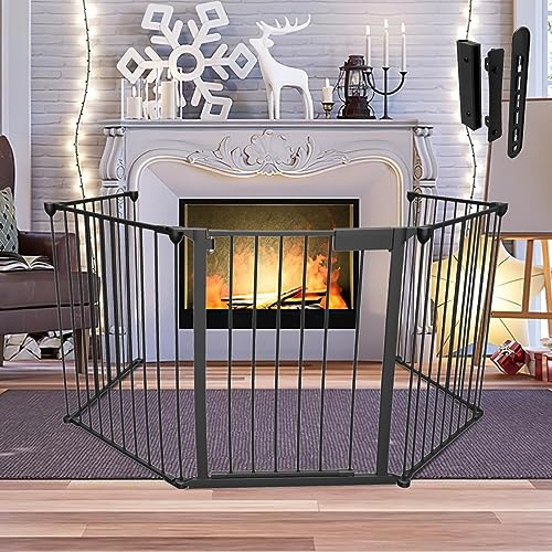 Joparri Kaminschutzgitter Metall 310cm, 5 Elemente inkl. Sicherheitstür, 65 x 75 cm, Faltbar Treppenschutzgitter Tierschutzgitter Türschutzgitter für Kinder-Sicherung Schwarz