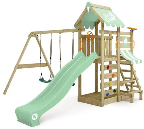 WICKEY Spielturm Klettergerüst VanillaFlyer mit Schaukel & Rutsche, Kletterturm mit Sandkasten, Leiter & Spiel-Zubehör – pastellgrün