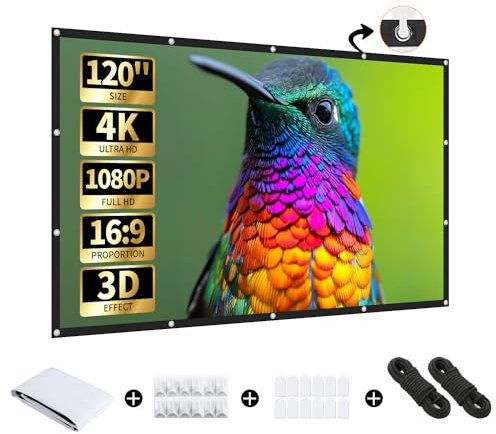 AURZEN Projector Screen, 120 inch Portable Projector Screen Indoor Outdoor Projection Screen 16:9 4K HD Wrinkle-Free Foldable Movie Screen for Home Theater, Backyard, Support Double Sided Projection