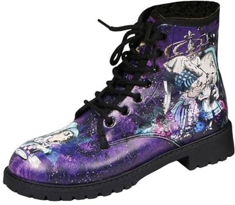 Ulalaza Botas de mujer con punta redonda y tacones de bloque, botines de plataforma gótica con cordones, botas Punk, botas cortas de cuero con estampado Multicolor