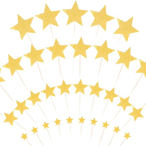 JJUNW 35 piezas de decoración para cupcakes de estrella dorada, púas para cupcakes de estrella centelleante, suministros de decoración de tartas de fiesta de cumpleaños, tamaño mixto, estrellas