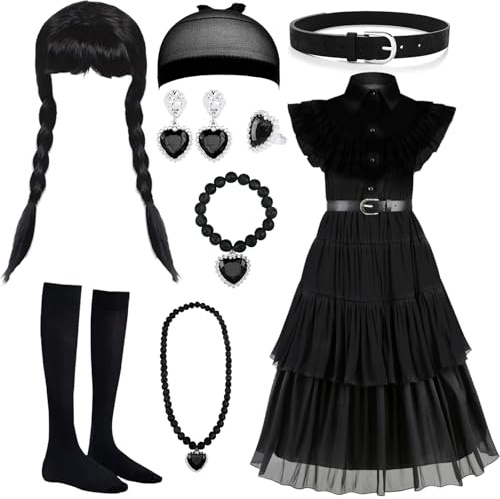 MWZEAUL Kit de Déguisement Halloween Costume pour Fille, 8 Pièces Robe Costume Enfant avec Perruque pour Fête Cosplay Spectacle de Scène, pour 5 à 6 Ans, 120 cm