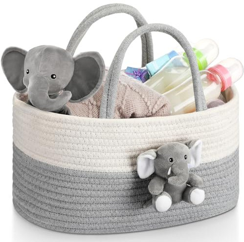 FoldTier Elephant Diaper Caddy Organizer Elephant Cart Storage for Nursery with Handle Baby Shower Basket Gift Baby Bath Caddy for Diapers Wipes Basket for Nursery(X-Large)