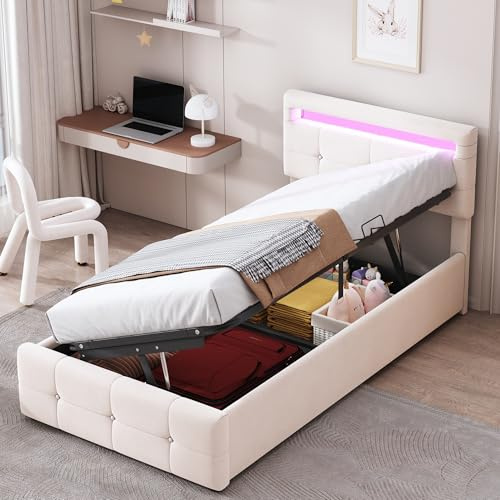 Letto Singolo con Contenitore 90 x 200 cm con Illuminazione a LED per Bambini, Letto imbottito con Idraulico Contenitore e Testata, Struttura Letto Singolo con Rete a Doghe, Senza Materasso(Beige)