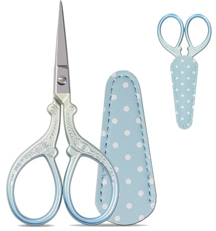 1PCS Embroidery Scissors Small Craft Stainless Steel Scissors,Stainless Steel CraftScissors for Sewing Threading Needlework Handicraft Trimming with Leather Protective Case Blue