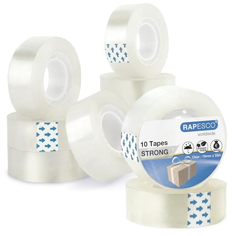 Rapesco 1807 Transparent Adhesive Tape Rolls, 19 mm x 33 m, Clear Refills, Pack of 10