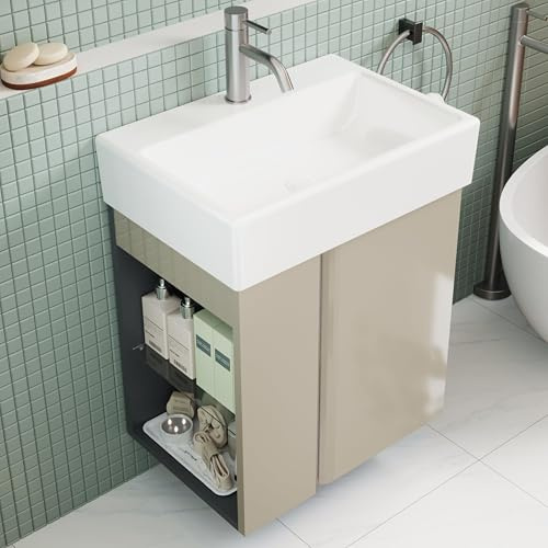 BRIDGE BENO Mobiletto Da Bagno Da 50 cm Con Lavabo in Ceramica Per Wc Ospiti, Mobile Compatto Per Piccoli Spazi, Tortora Lucido