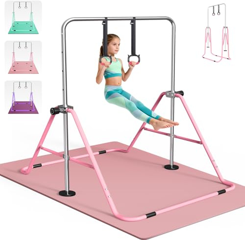 FBSPORT Barre de Gymnastique avec Tapis Pliable avec Hauteur Réglable Et Anneaux, Barre de Gym Intérieur Exterieur pour Enfant Junior Enfants à Domicile
