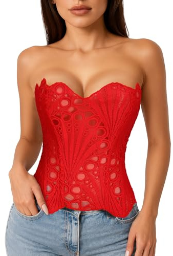 LEACOOLKEY Corpetto Corsetto in Pizzo Floreale Trasparente con Lacci per Donna Top,Rosso,S