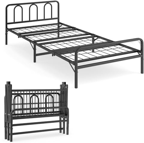 COSTWAY Folding Bed Frame, 3FT Single Metal Platform Bed Base with Headboard, Footboard and Underbed Storage, Heavy-Duty Metal Slats Support Foldable Guest Beds Mattress Foundation, 90x194cm, Black