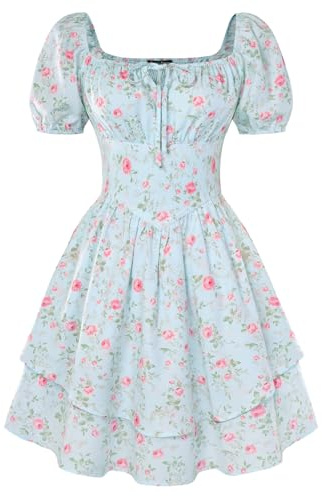 SCARLET DARKNESS Vestito Abito Corto Donna Rinascimentale Maniche Corte Palloncino Floreale Blu Fiori Rosa XL