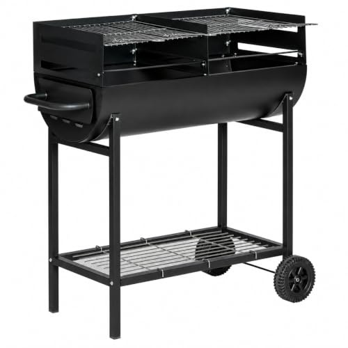 Barbecue A Carbone Con 2 Griglie Regolabili BBQ In Acciaio Resistente Con Ruote E Ripiano Portaoggetti Ideale Per Giardino Terrazzo E Grigliate All Aperto 90 x 45 x 96 Cm Nero