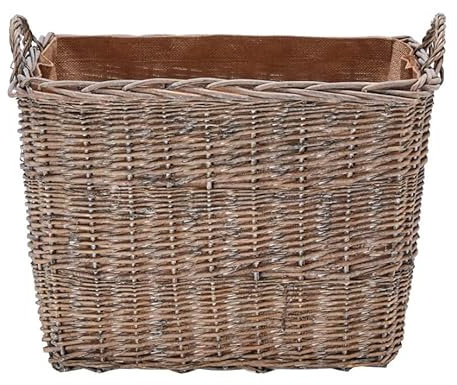 Wovenhill Rectangular Wicker Log Basket | Handmade Jute Lined Wood Storage with Hooped Handles | Medium - W52 x D32 x H42cm | Grey