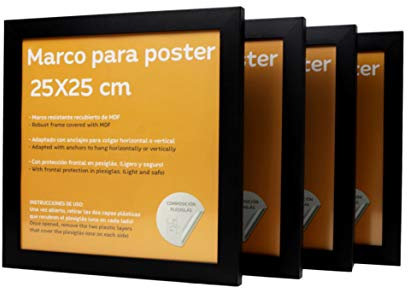 Nacnic - Pack 4 Marcos de Madera MDF Negro y Vidrio Acrílico | Protección y Expositor de Fotografías, Láminas, Pósters, Cuadros y Decoración para Salón, Dormitorio u Oficina | 25x25 cm