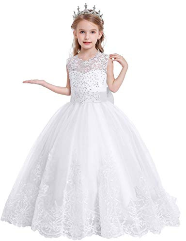 REXREII Flower Girls Lace Applique Wedding Tulle Dress Sleeveless First Communion Birthday Christmas Party Dance Ball Gown White 12-13 Years