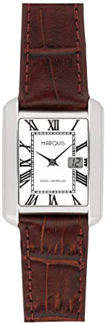 MARQUIS Damen Funkuhr Armbanduhr, Braunes Lederarmband, deutsches Funkwerk 4015