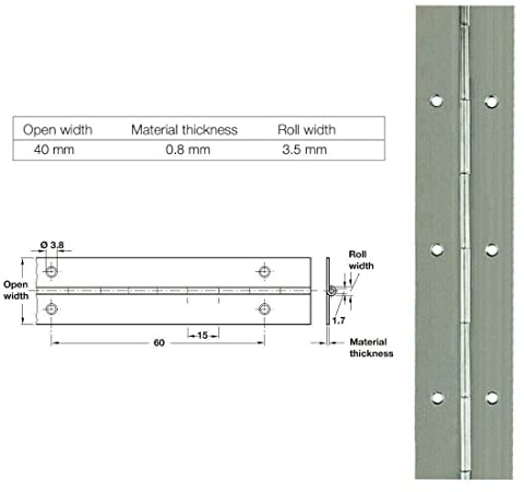 Hafele Continuous Hinge Rolled Straight Piano Open Width 40mm Length 710mm