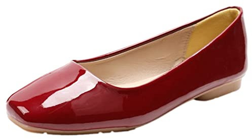 ANUFER Women's Ballet Flats Square Toe Microfiber Leather Slip-on Dress Pumps Shoes Burgundy Patent SN0707127 UK5.5