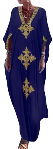 Bsubseach Bordado de Oro Largo Kaftan Vestidos Cuello en V Caftán Vestido Cubre Playa para Mujer Azul Oscuro