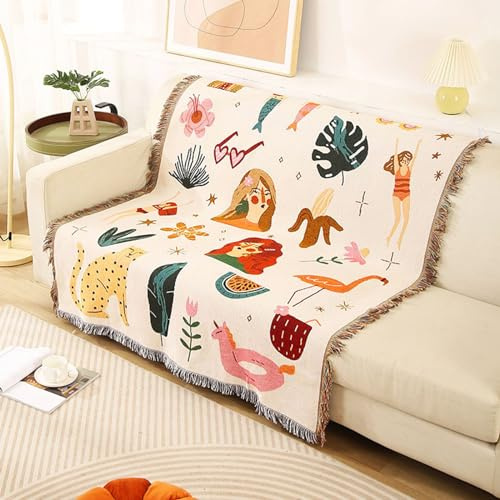 LumiSyne Coperte Double-Face Plaid In Cotone Intrecciato Con Nappina Giungla Stile Bohemien Arazzo Scialle Decorativo Coperta Da Tiro Per Letto Divano Coperta Campeggio Tovaglia Tappeto 160x130cm