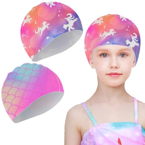 2 Stück Badekappe Kinder, wasserdichte Badekappe Kinder, Silikon Schwimmkappe Kind, Einhorn Schwimmmütze, Badekappe Mädchen, Schwimmhaube Mädchen, Silikon Bademütze für Lange und Kurze Haare