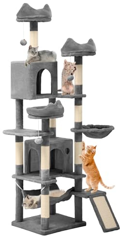 YITAHOME Grand Arbre à Chat, Grande Tour à Chat à Plusieurs Niveaux de 190 cm avec Griffoirs et Rampe en Sisal, Perchoirs en Peluche, Hamac, Condos Spacieux, Centre d'Activités pour Chatons, Gris