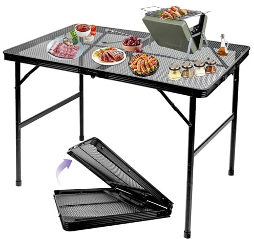 BRIAN & DANY 3x2 FT Folding Grill Table Camping Table, Metal Portable Picnic Table, Lightweight Height Adjustable Foldable Table for Outdoor, Black