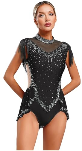 ranrann Dam gymnastik trikåer skridskoåkning dans leotard strass ärmlös kroppsdräkt fräck, svart, S