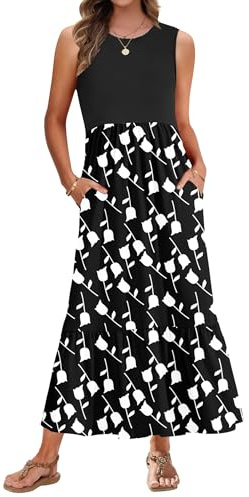 AUSELILY Summer Dresses for Women UK Sleeveless Maxi Dresses Ladies Beach Coverups Sun Dresses Tiered Long Dress with Pockets Black White Tulips XXL