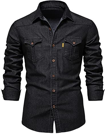 Juego de camisas de manga larga para hombre de jeans clásicos con bolsillos finos lavados de lana de lupetto, Negro , L