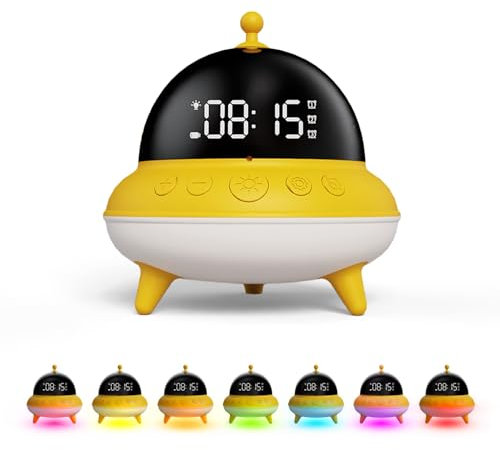 BEAVERLAB Despertador infantil con forma de OVNI y luz nocturna LED de 7 colores, despertador para Niña 15 días de duración de la batería, 0 dB de silencio para dormitorio, lámpara de noche USB
