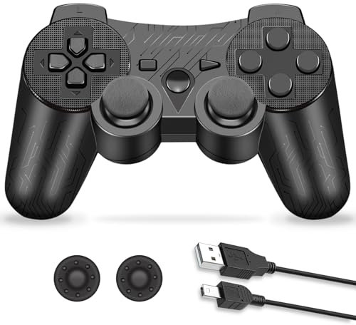 Mando inalámbrico Play3, Gamepad de doble vibración para Play 3, mando de seis ejes con cable de carga y agarres Thump (negro)