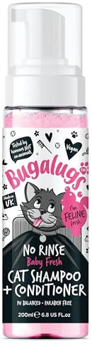 Bugalugs No Rinse Cat Shampoo & Conditioner with Baby Fresh Fragrance. Brush through, for cats and kittens. Foam action grooming dry shampoo kitten (200ml No Rinse Shampoo)