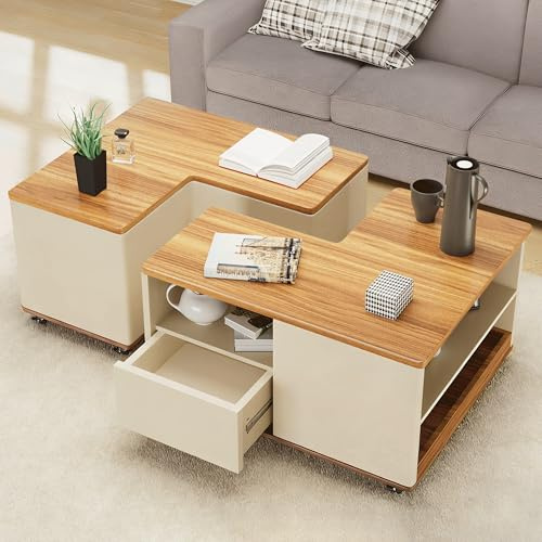 Modularer Couchtisch Holz mit 12 Rollen, Wohnzimmertisch 2er Set mit 2 Schubladen Stauraum & 2 Tabletts, Kaffeetisch Flexibler Kombinierbarer, Couchtische, Wohnzimmer Tisch für Couch (Braun)
