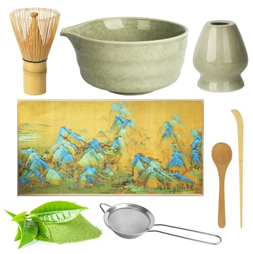 7 pièces Kit matcha,un fouet à matcha,une passoire à thé matcha, un bol à matcha, un fouet à thé, un torchon et une cuillère à matcha, adapté aux amateurs de thé et aux débutants en cérémonie du thé