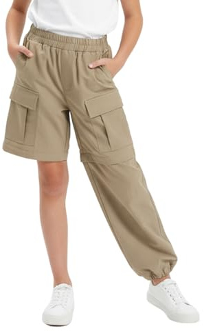 Lightweight Cargo Pants for Girls Kid Convertible Water-Resistant Zip-Off Outdoor Pants with Drawstring & Pockets Khaki
