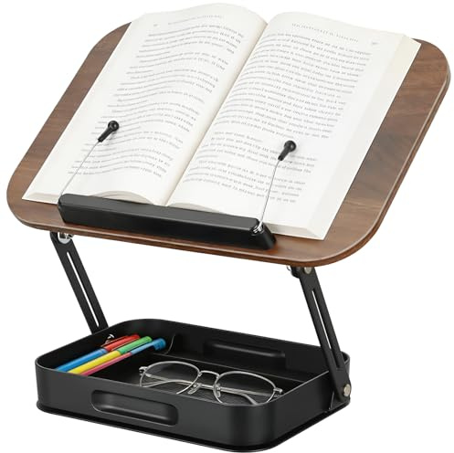CRROEL Buchständer Holz mit praktischem Stauraum, 360° drehbarer Buchhalter Leseständer, höhenverstellbarer Drehbarer Buchhalter,kratzfreier Seitenclip mit Kugellager,für Büro, Musikpartituren, Kindle