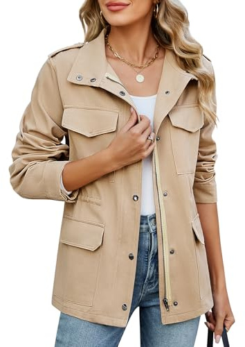 CMTOP Chaqueta Entretiempo Mujer Ligero Corto, Algodón Militar Chaquetas Sahariana Multibolsillos Cazadora, Elegante Casual Jacket Sólido Blouson para Primavera Otoño Verano(Caqui Claro,XXL)