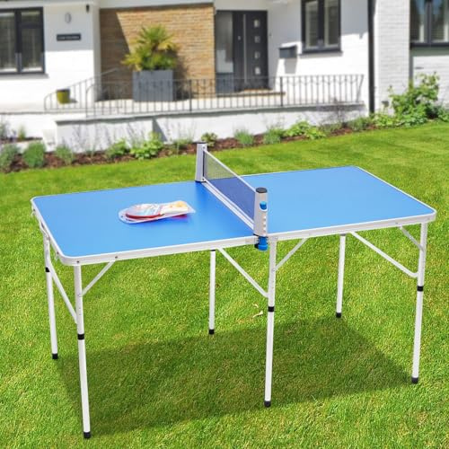 Table de ping-pong pliable avec filet de ping-pong, 152 x 76 x 76 cm, idéale pour l'intérieur et l'extérieur, 2 raquettes + 3 balles, montage rapide, bleu